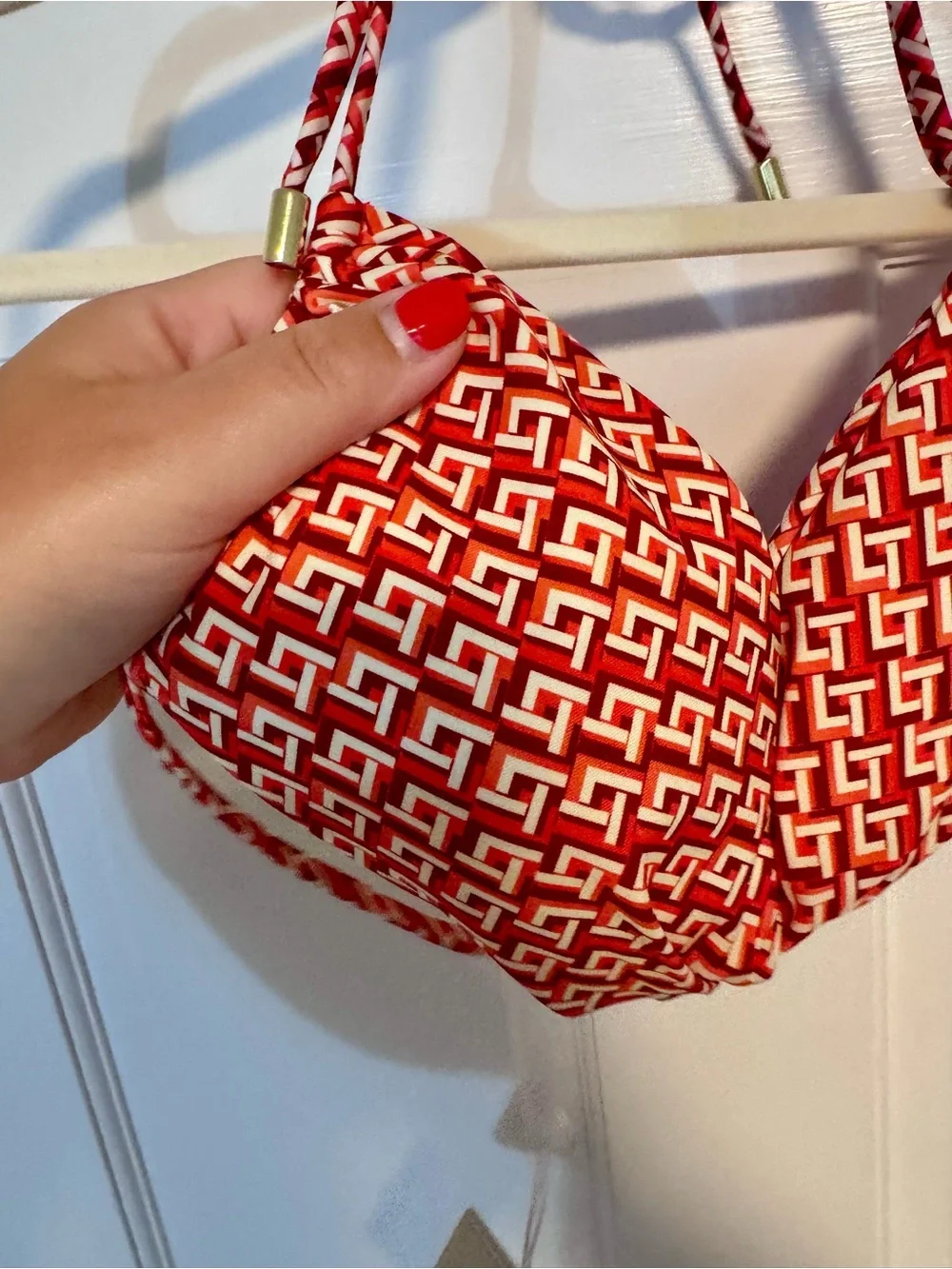 Monday Swimwear | Tamarama Bandeau Top, Red Lattice Geo, Size V (XL) - NWT